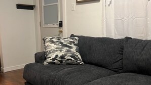 A living room with a dark grey sofa, a patterned throw pillow, a decorative wall piece, and a patterned rug. - tiny house backyard cabin getaway in Detroit (Detroit)