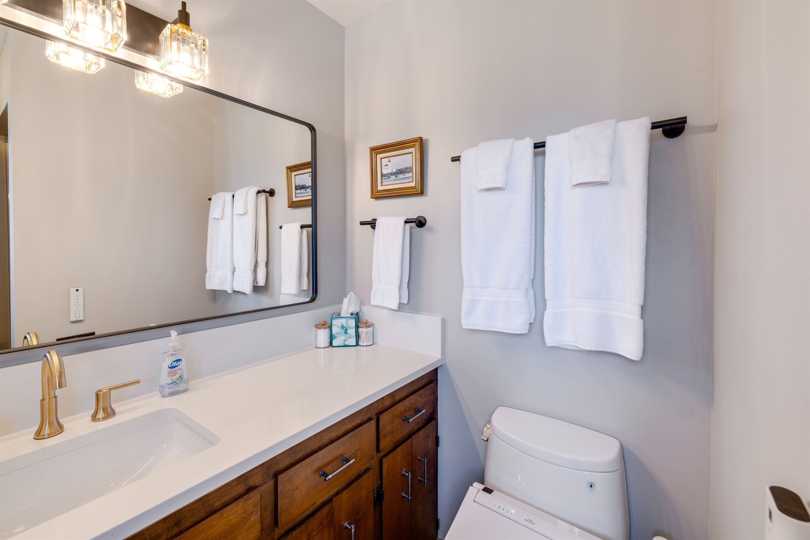 Newly remodeled primary bathroom with TOTO bidet toilet seat, seat warmer and remote control