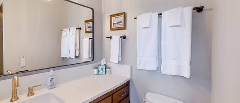Newly remodeled primary bathroom with TOTO bidet toilet seat, seat warmer and remote control