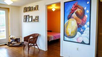 1 bedroom, desk, iron/ironing board, travel cot