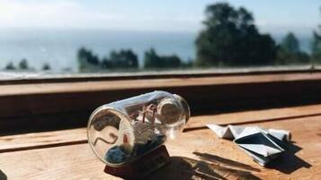 Una lattina su una superficie di legno con vista sul mare e alberi sullo sfondo.
