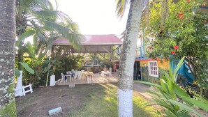 Un patio al aire libre con mesas y sillas, rodeado de abundante vegetación y una estructura cubierta.