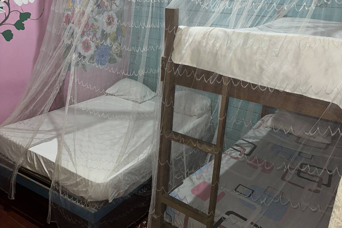 Two single beds with mosquito netting, a wooden headboard, and a floral wall decoration.