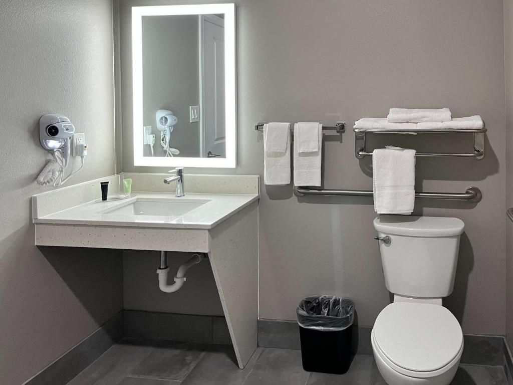 A bathroom with a sink, mirror, towel rack, and toilet.