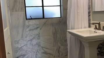 Hair dryer, towels, soap, toilet paper