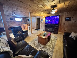 Smart TV, lareira, livros