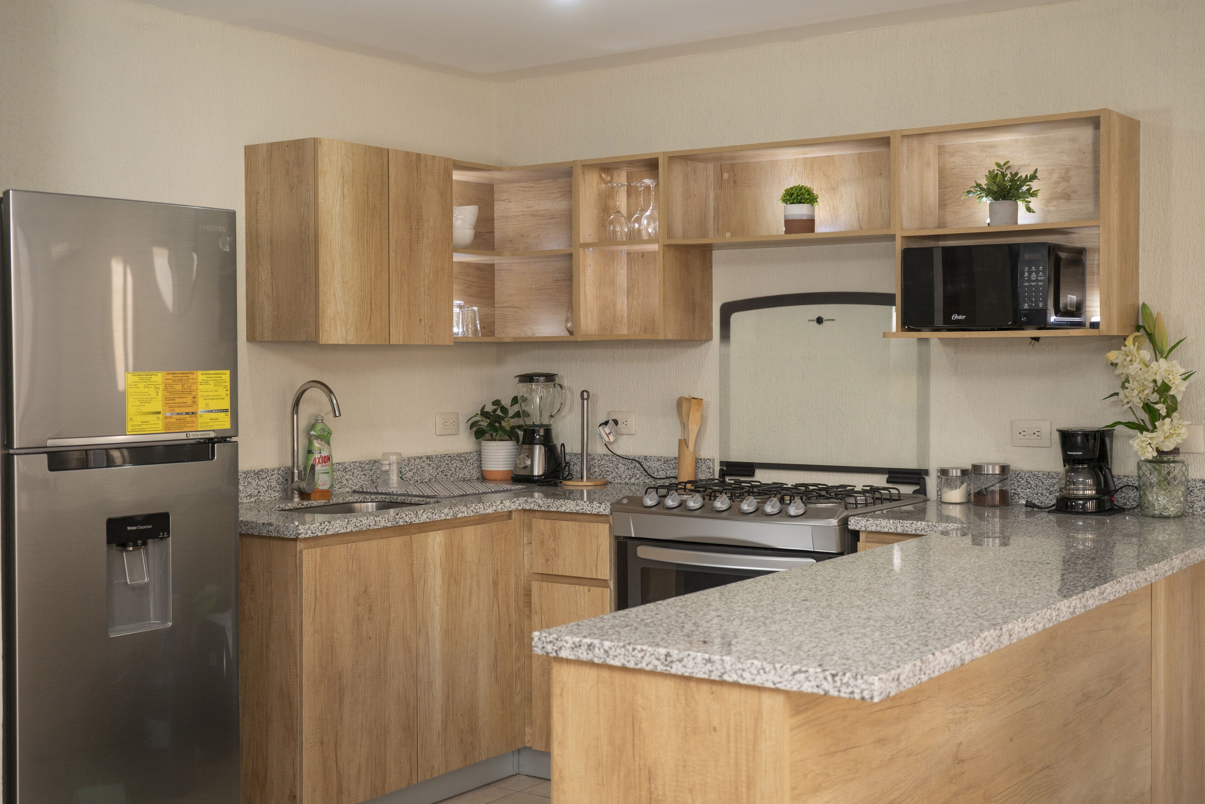 Microwave, stovetop, coffee/tea maker, blender