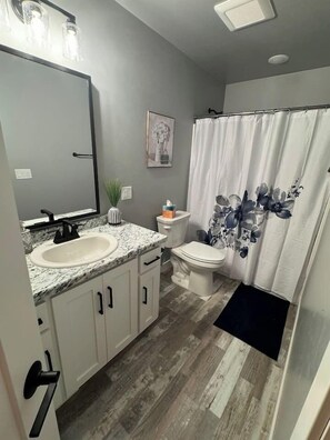 Hair dryer, towels, soap, shampoo