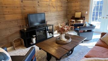 Smart TV, fireplace, books