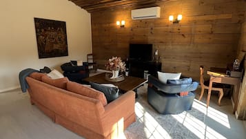 Smart TV, chimenea y libros