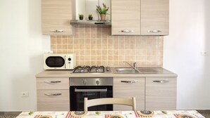Una cocina compacta con microondas, estufa a gas, horno y lavamanos. Hay armarios arriba y abajo de la encimera, y una pequeña planta en maceta en la repisa.
