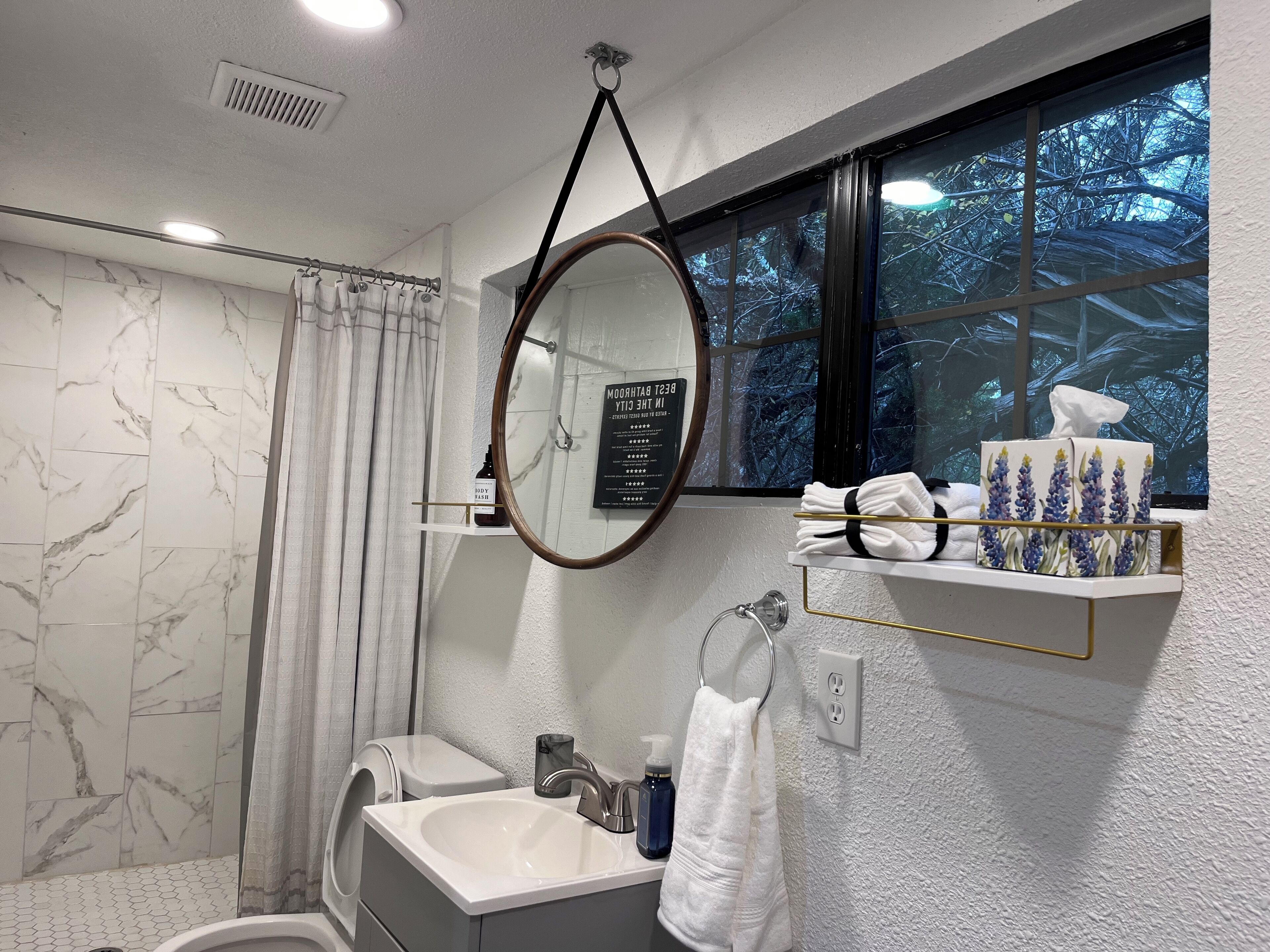 Hair dryer, towels, soap, shampoo