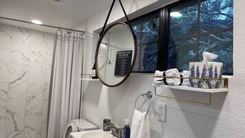 Hair dryer, towels, soap, shampoo