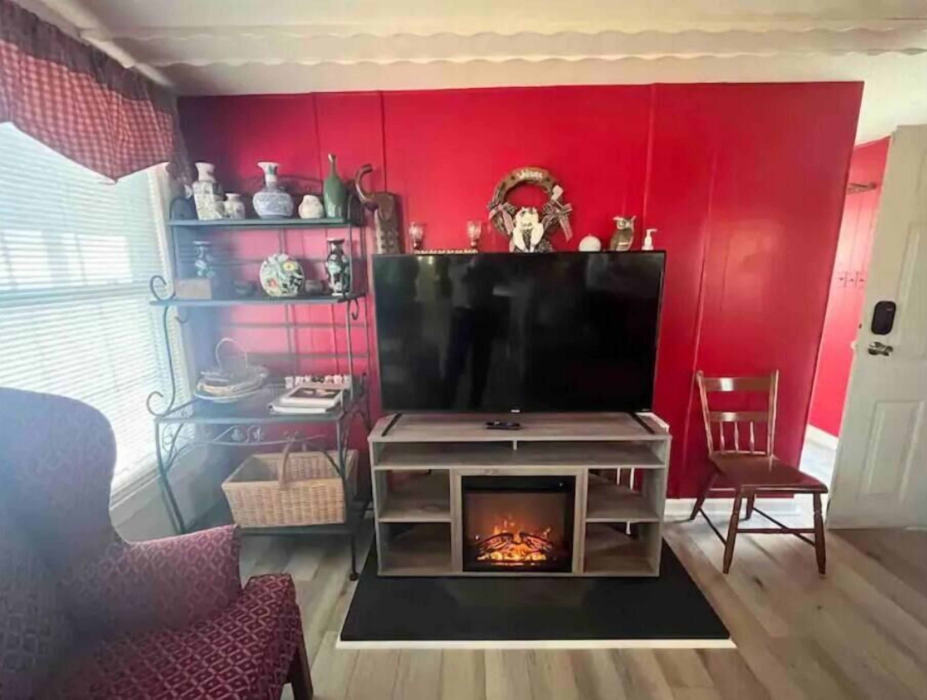 Smart TV, fireplace, books