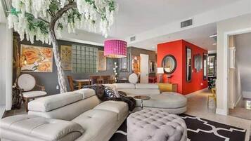 Luxury Townhome | Living area | 80-inch LED TV with digital channels, fireplace, Netflix