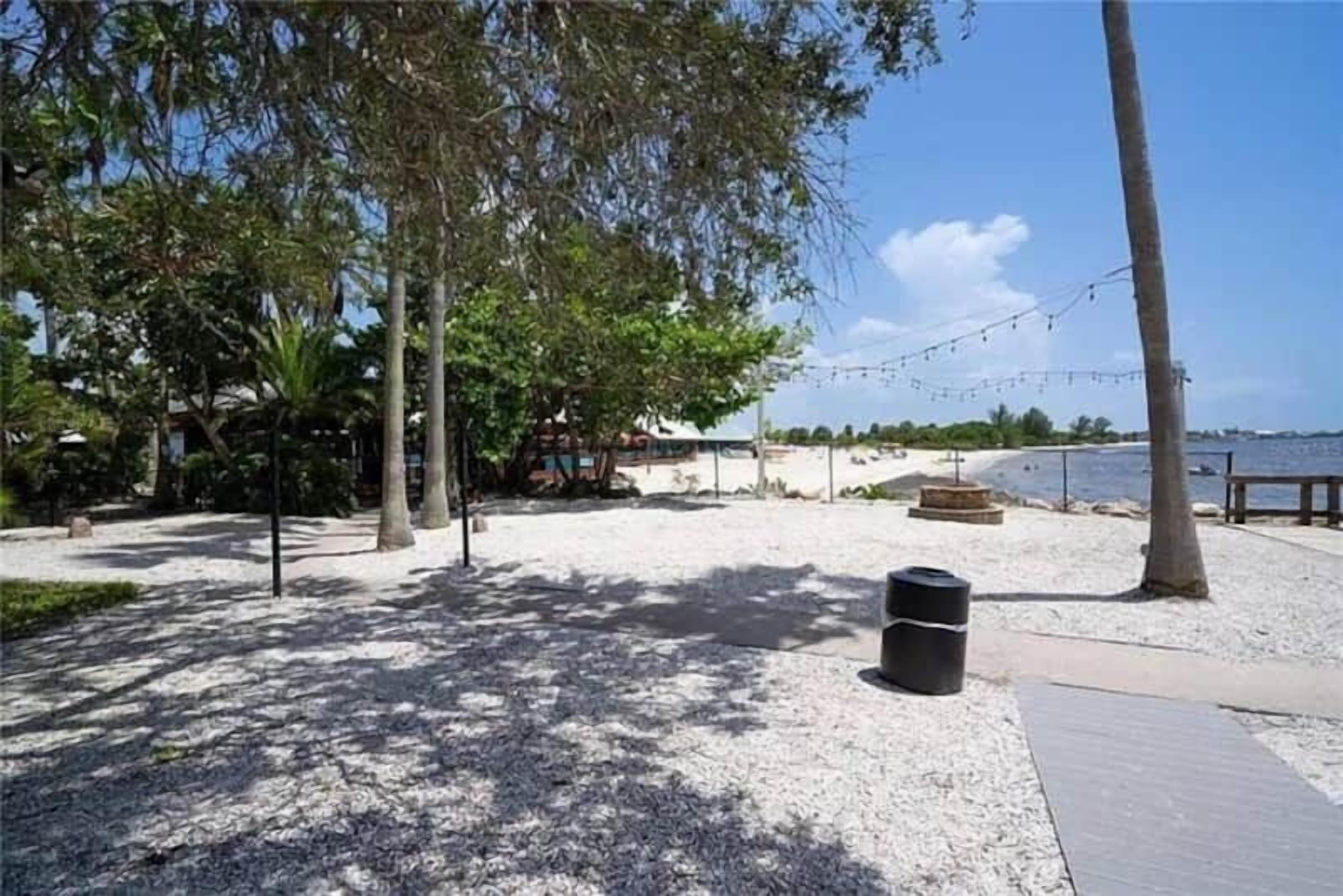 A beachside area with trees, a pathway, and a trash bin.