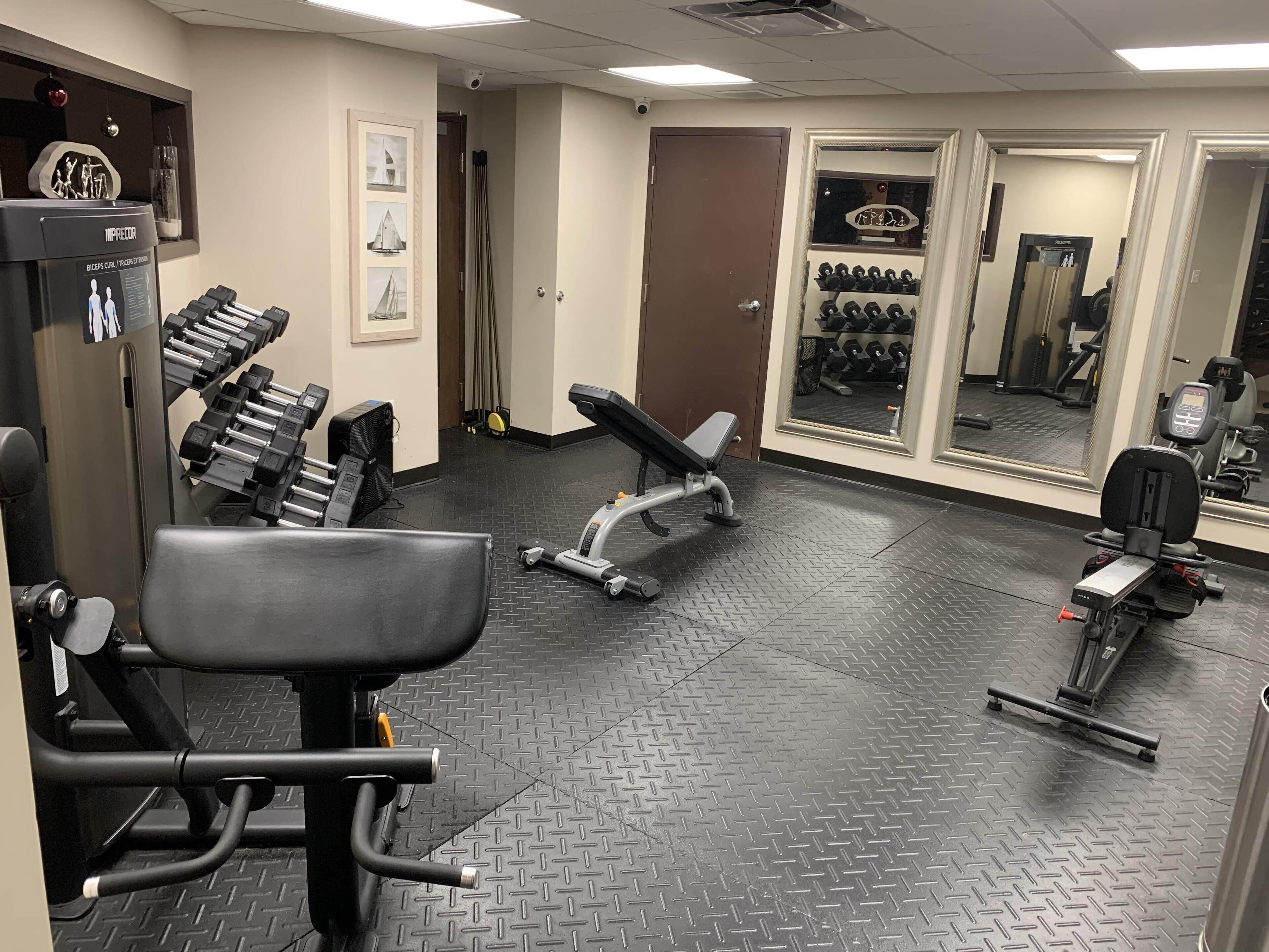A gym with various exercise equipment, including dumbbells, benches, and a treadmill.