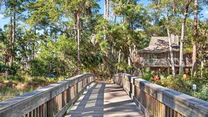 A wooden boardwalk leading to a building surrounded by trees.