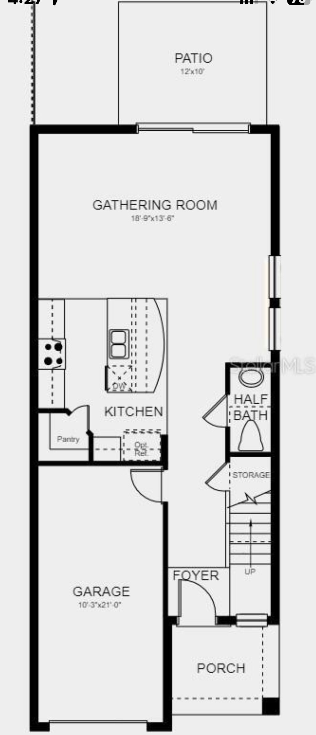 A floor plan with a patio, gathering room, kitchen, half bath, storage, garage, foyer, and porch.