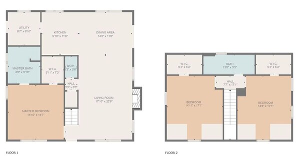 Two floor plans of a house with a master bedroom, two bedrooms, a living room, a kitchen, a dining area, a bathroom, and a utility room.