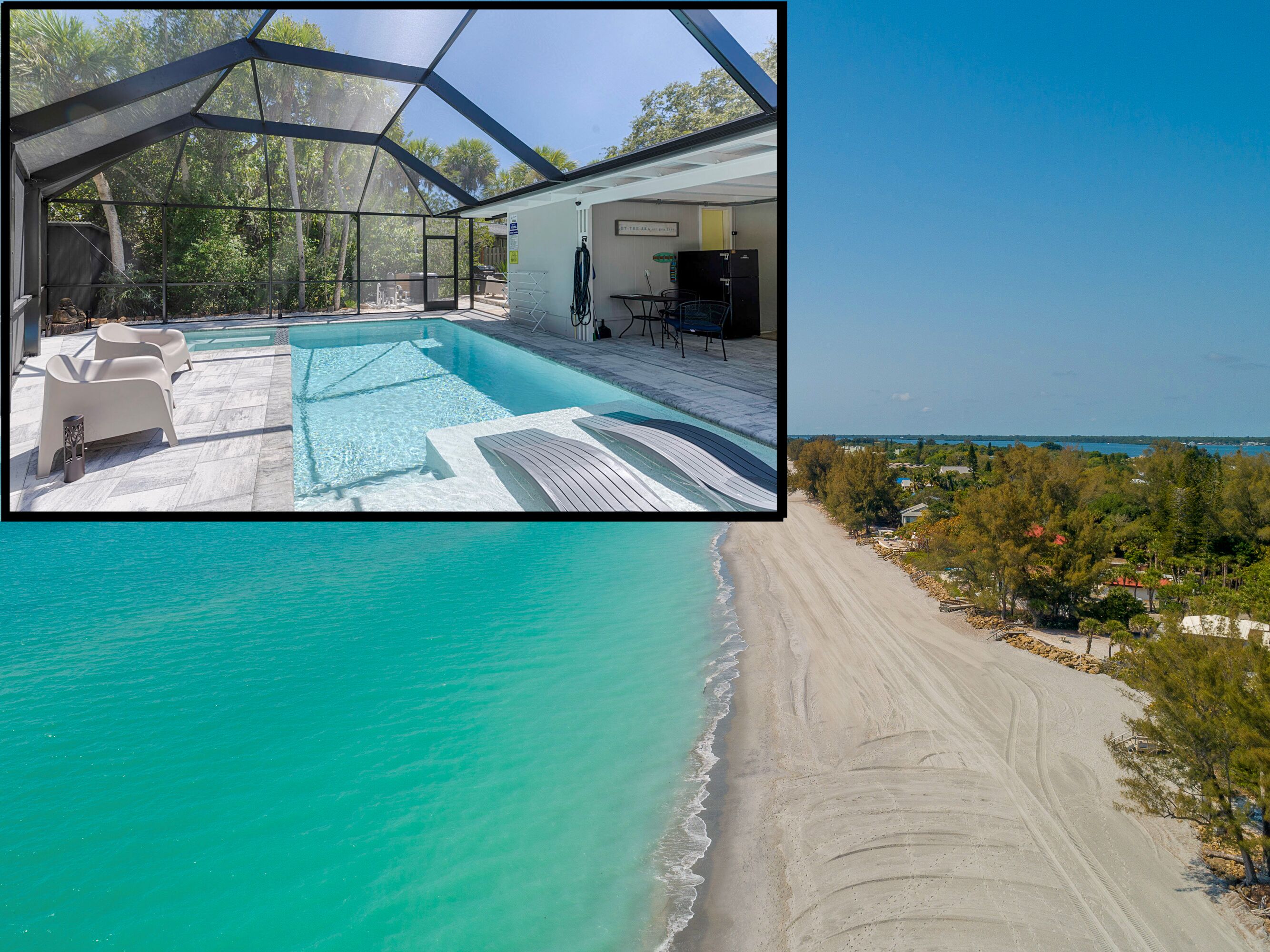 A swimming pool with a glass enclosure, a beach view, and a covered outdoor area with seating.