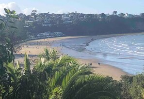 A beach with a sandy shore, waves, and a residential area in the background. - Great-Located North Shore Room in Tropical Garden – Close to the Beach 🌴🌊 (Auckland)