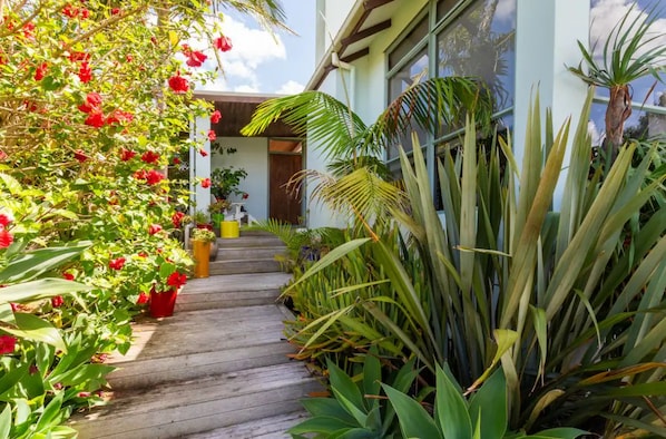 A wooden pathway leading to a building with a glass door, surrounded by various plants and flowers.
