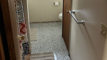 Hair dryer, towels, soap, shampoo