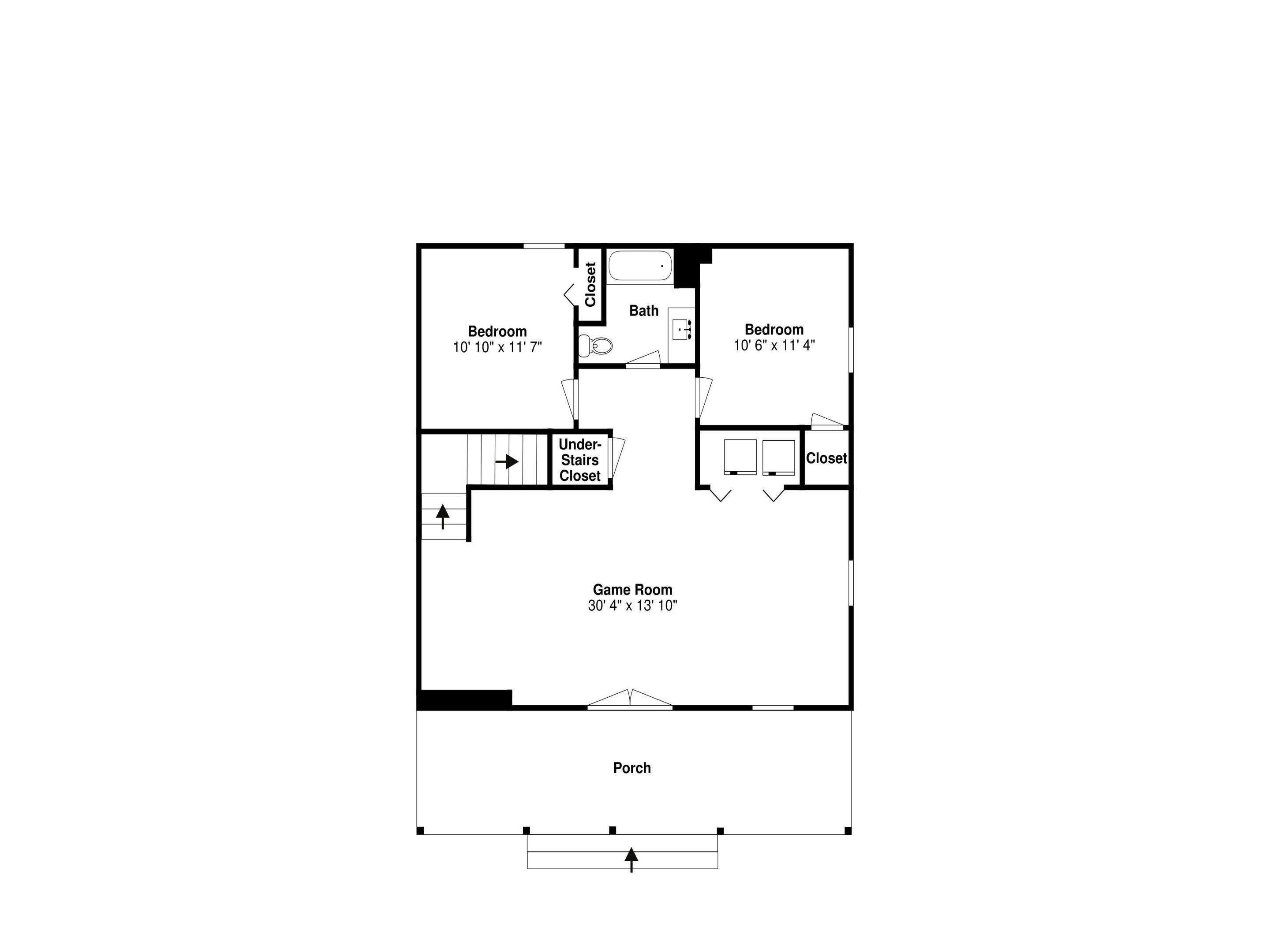 A floor plan of a hotel room with a bedroom, bathroom, game room, and under-stairs closet.