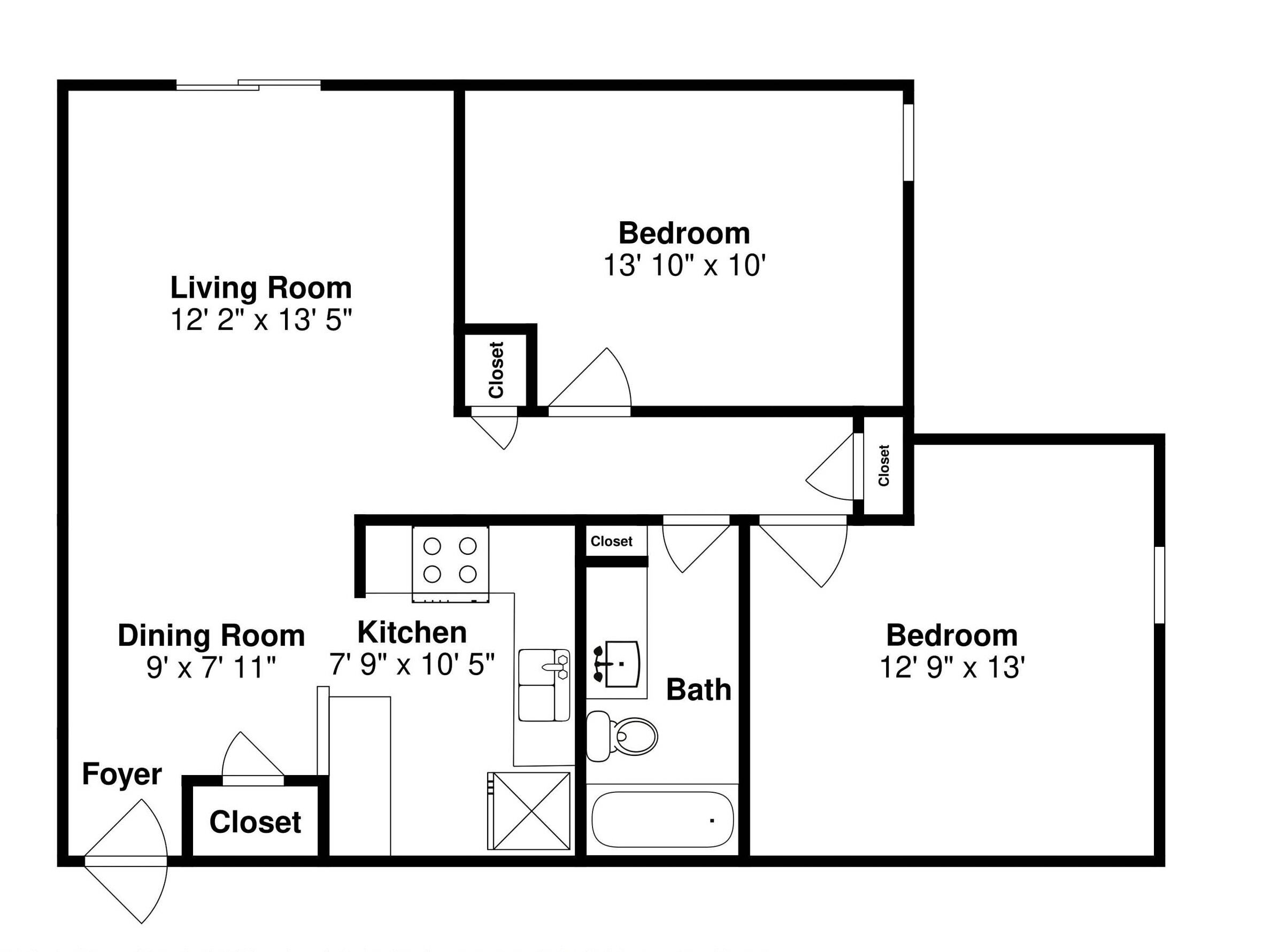Un plan d’étage comprenant un salon, deux chambres, une salle à manger, une cuisine, un hall d’entrée et deux placards.