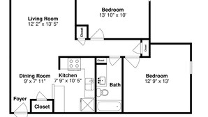 Un plan d’étage comprenant un salon, deux chambres, une salle à manger, une cuisine, un hall d’entrée et deux placards.