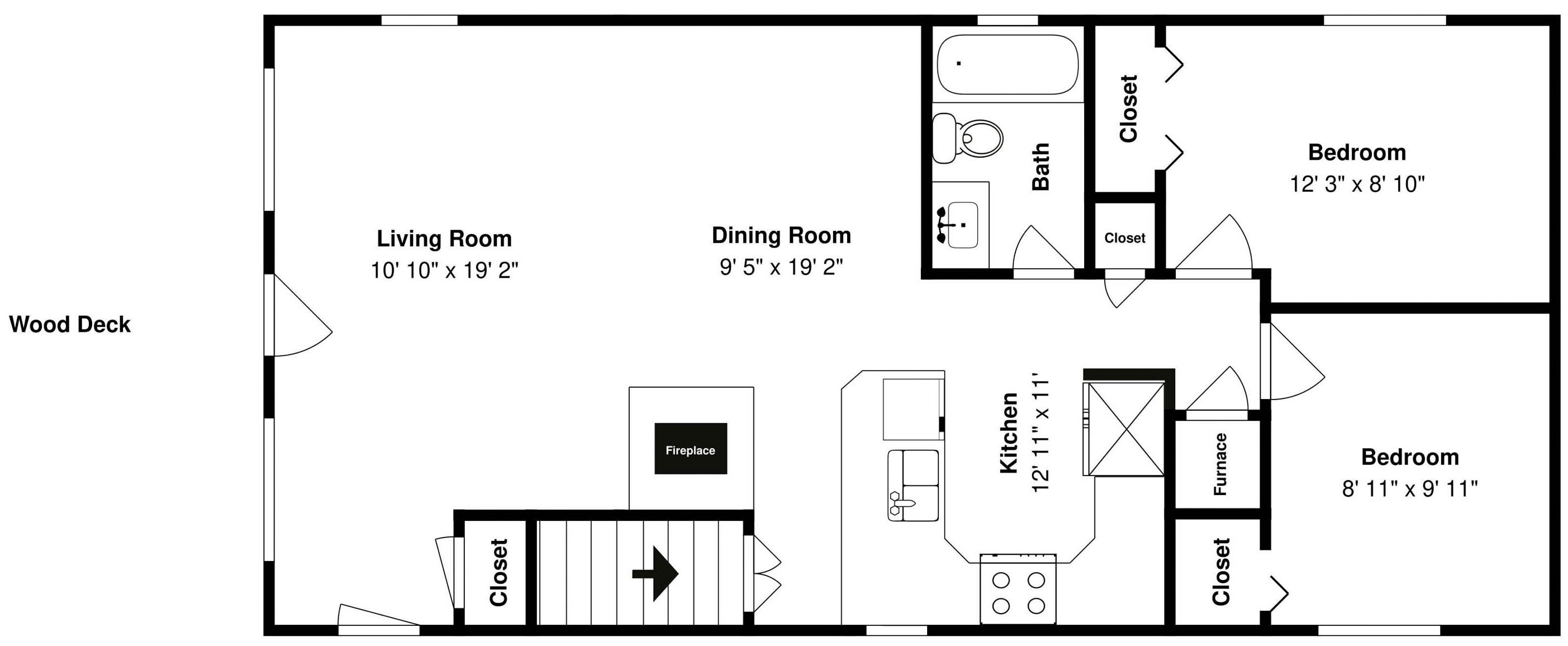A floor plan with a living room, dining room, kitchen, two bedrooms, a fireplace, and a wood deck.