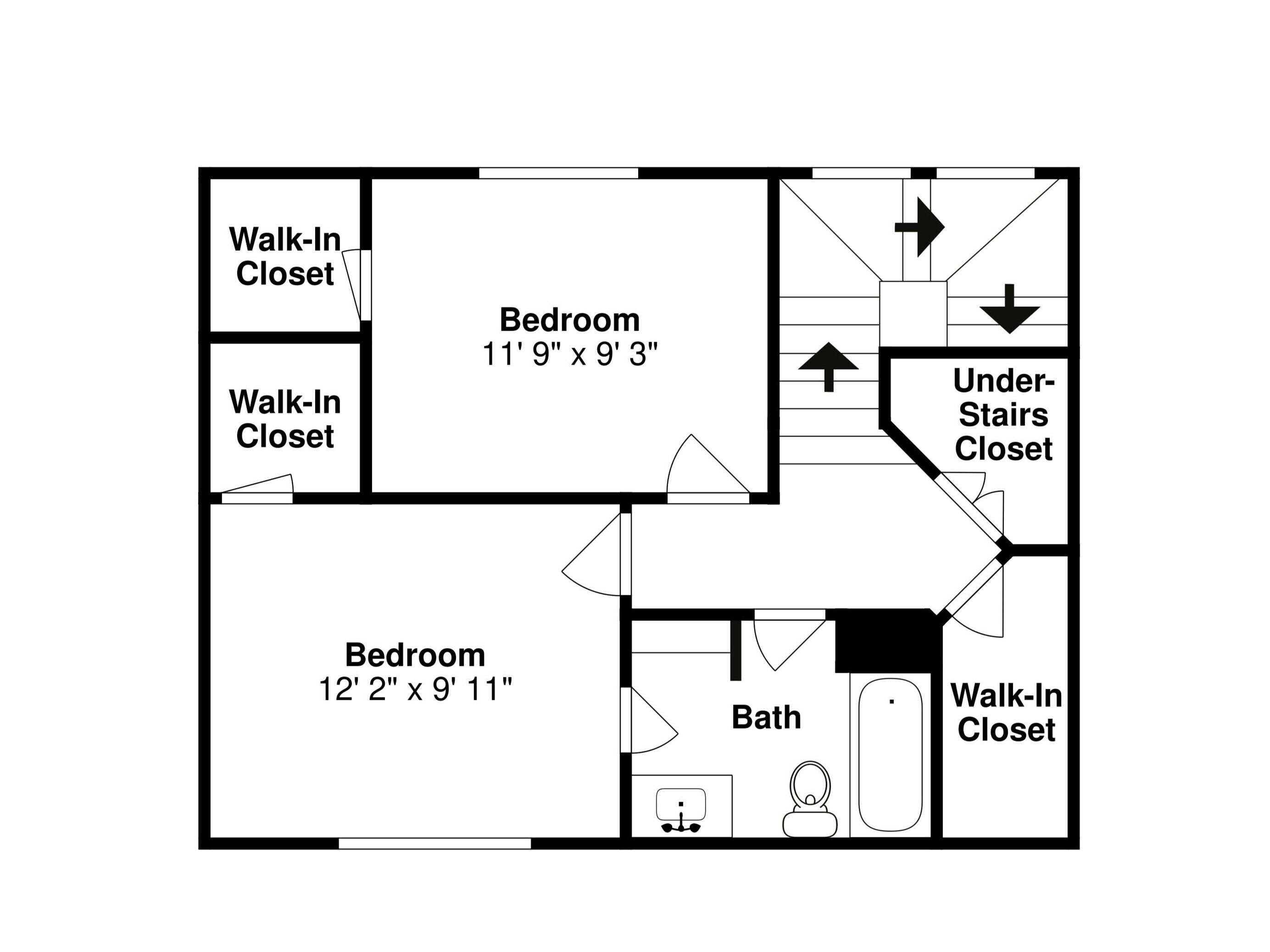Un plan d’étage comprenant deux chambres, une salle de bain et des dressings.