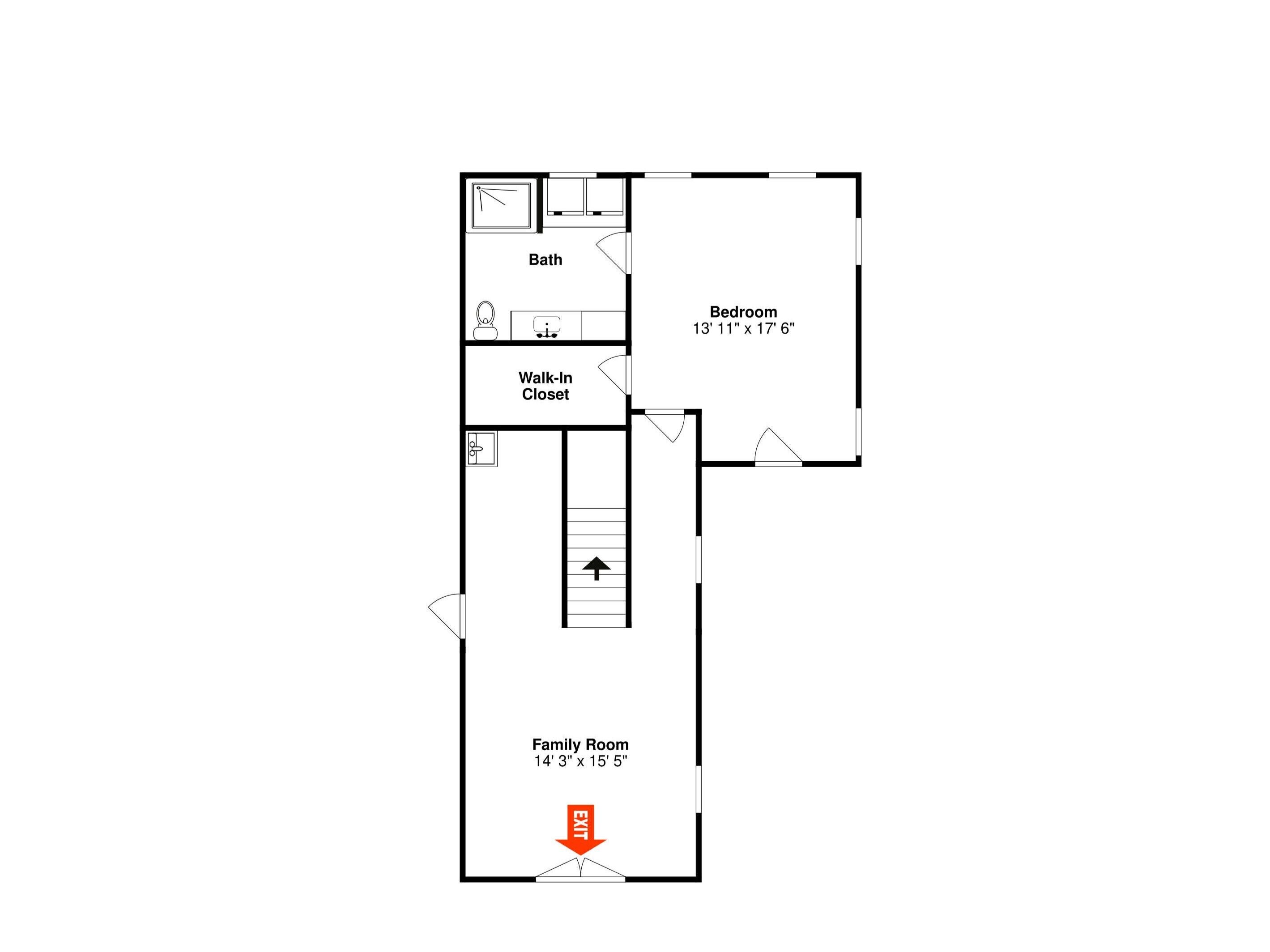 A floor plan of a hotel room with a bathroom, walk-in closet, bedroom, and family room.