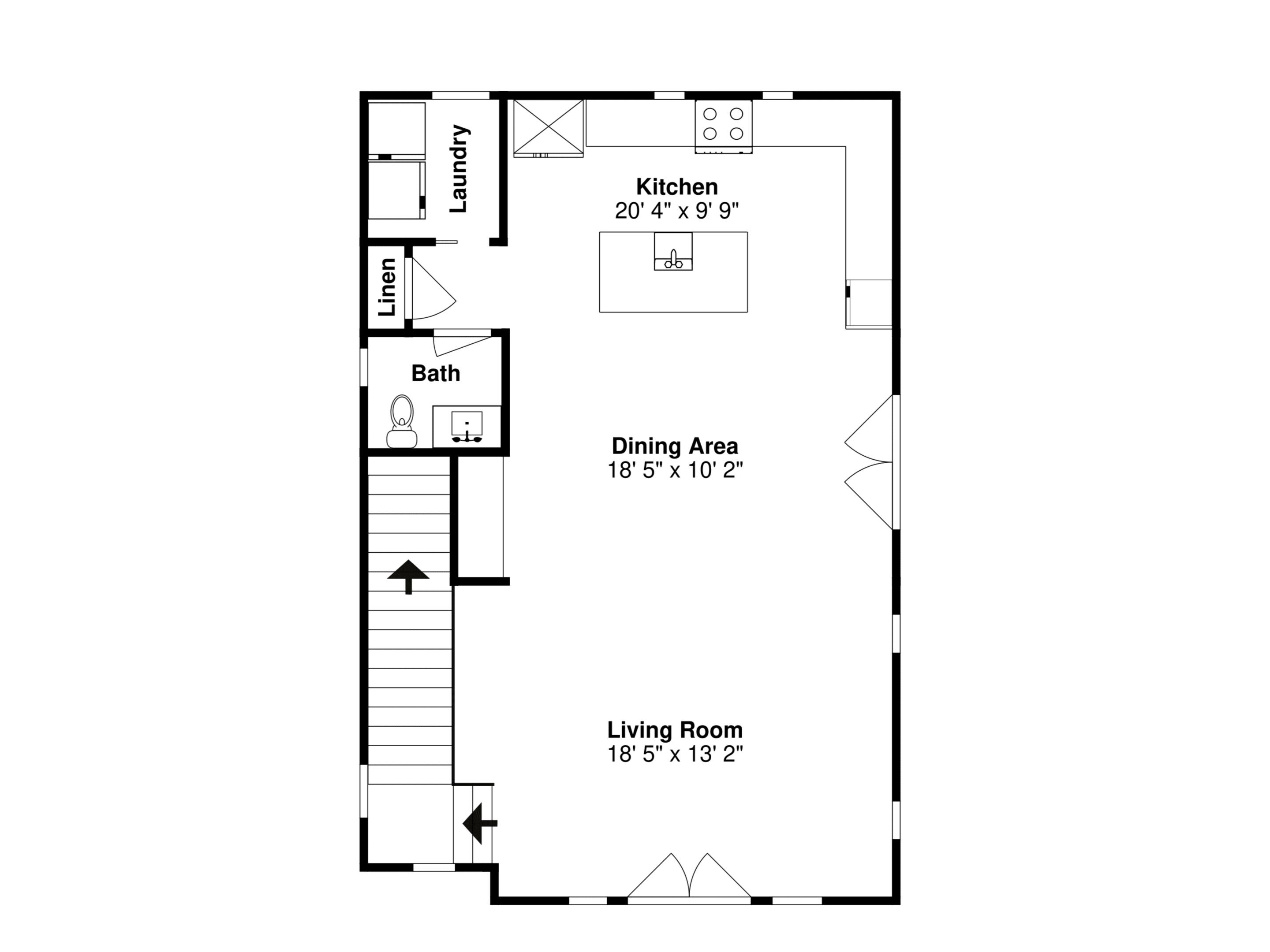 A floor plan of a house with a kitchen measuring 20' 4" x 9' 9", a dining area of 18' 5" x 10' 2", a living room of 18' 5" x 13' 2", a bathroom, and a laundry room.