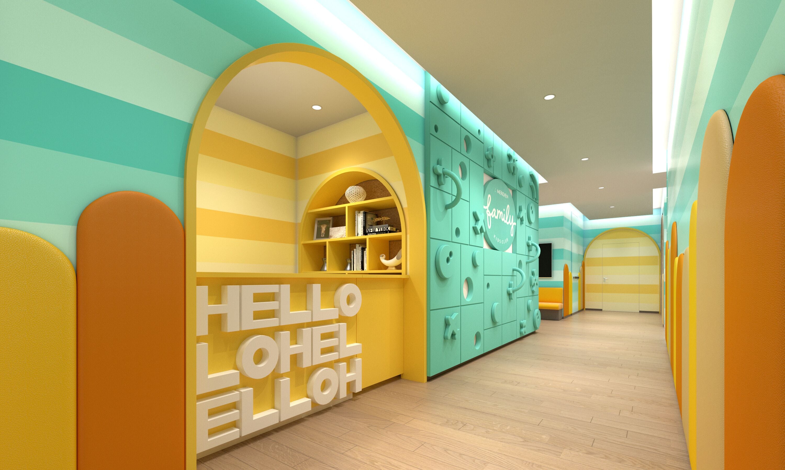 A brightly lit children's play area with colorful walls and a central archway.
