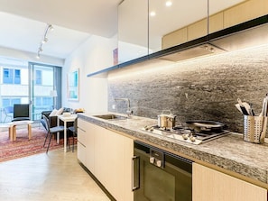 Fridge, microwave, oven, stovetop