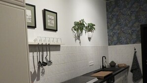 A kitchen with white cabinets, a black countertop, a sink, and two hanging plants. - Holiday Apartment "Am Conradhof" with Private Terrace and Wi-Fi (Goch - Pfalzdorf)