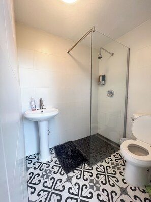 Shower, rainfall showerhead, towels, soap - Casa Parcha (Naguabo)