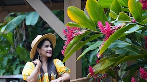 A wooden deck with a person wearing a yellow outfit and a straw hat. - Casa Parcha (Naguabo)