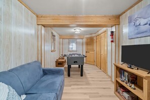 TV, tavolo da calcetto, libri, impianto stereo