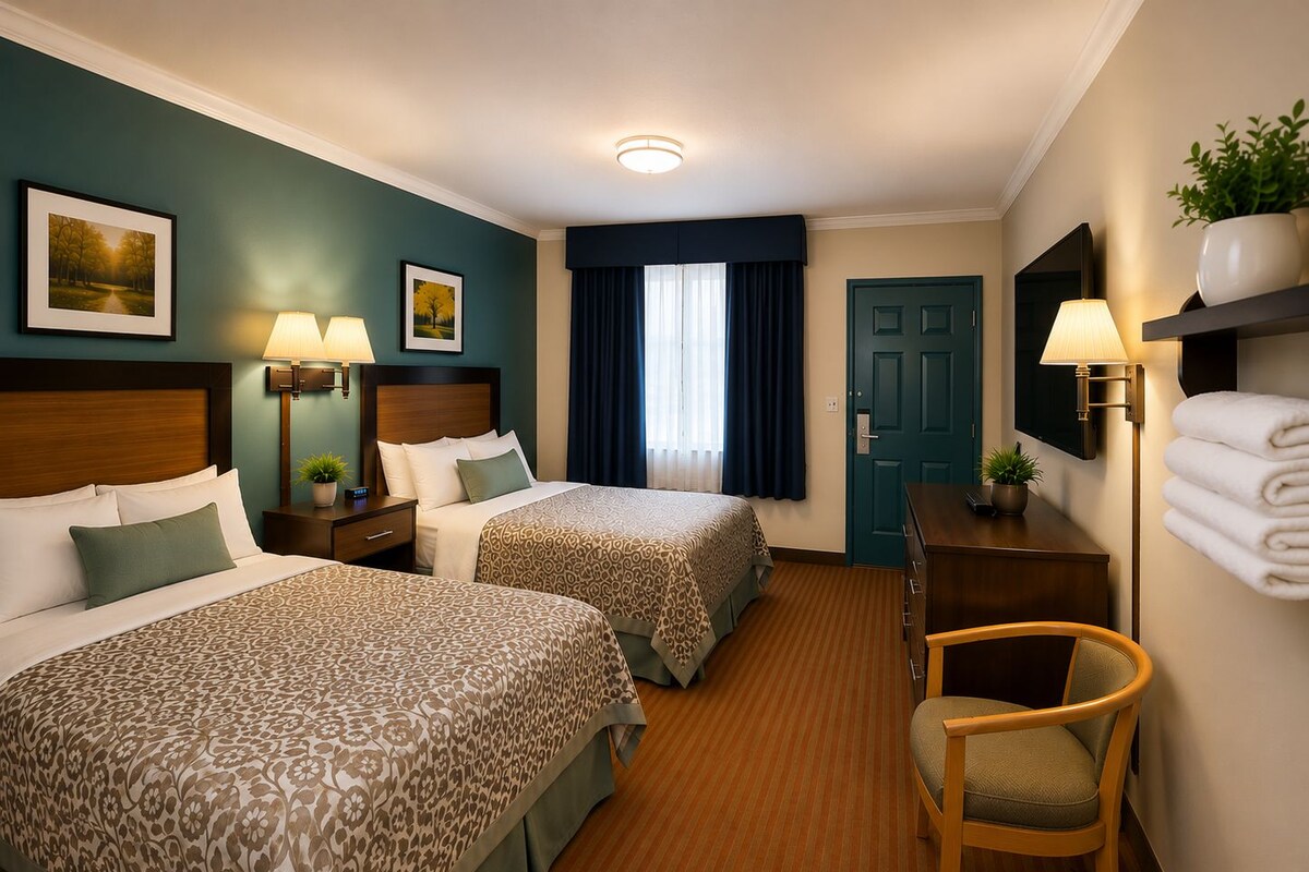 Une chambre d’hôtel avec deux lits, un bureau, une chaise et une porte.