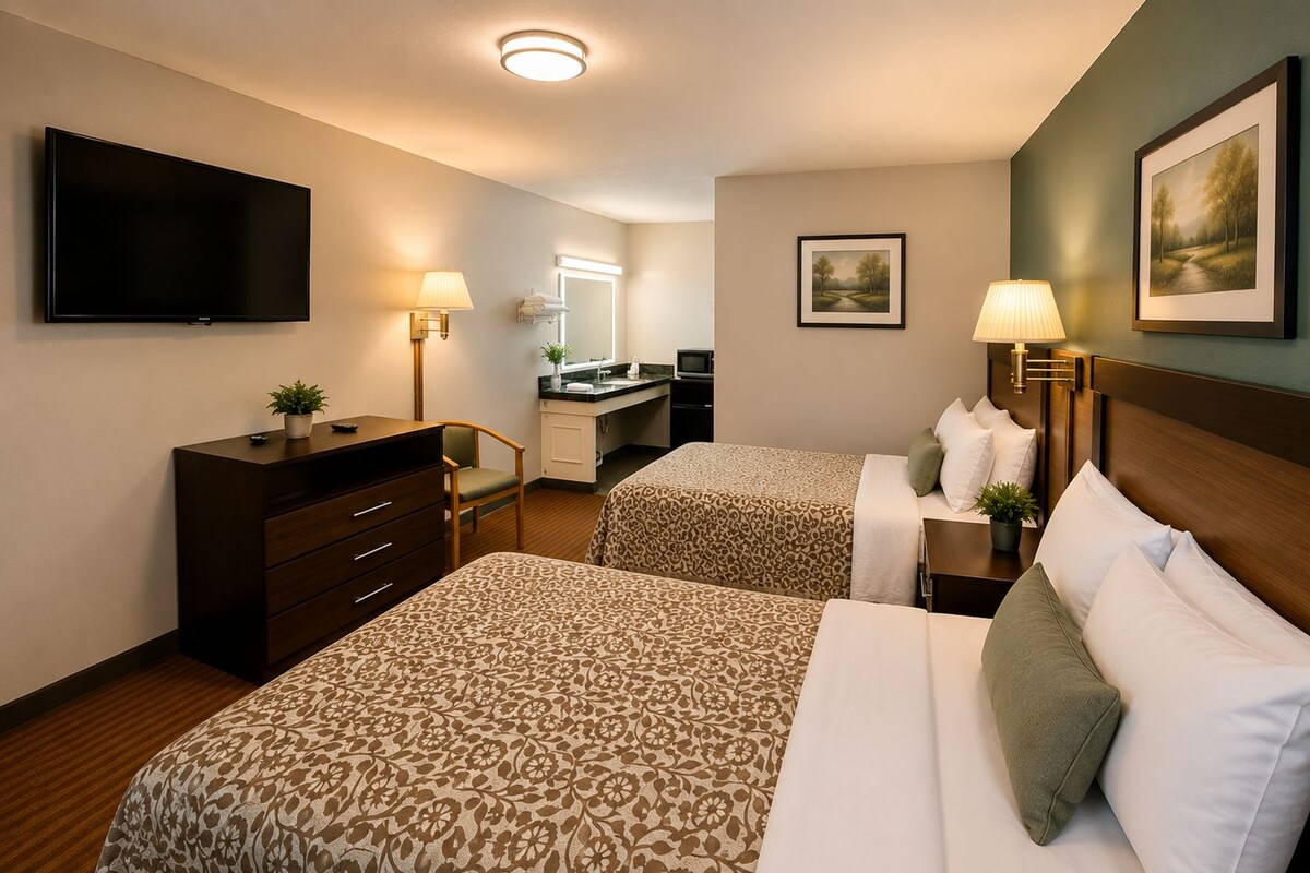 A hotel room with two beds, a desk, a chair, a television, and a bathroom.