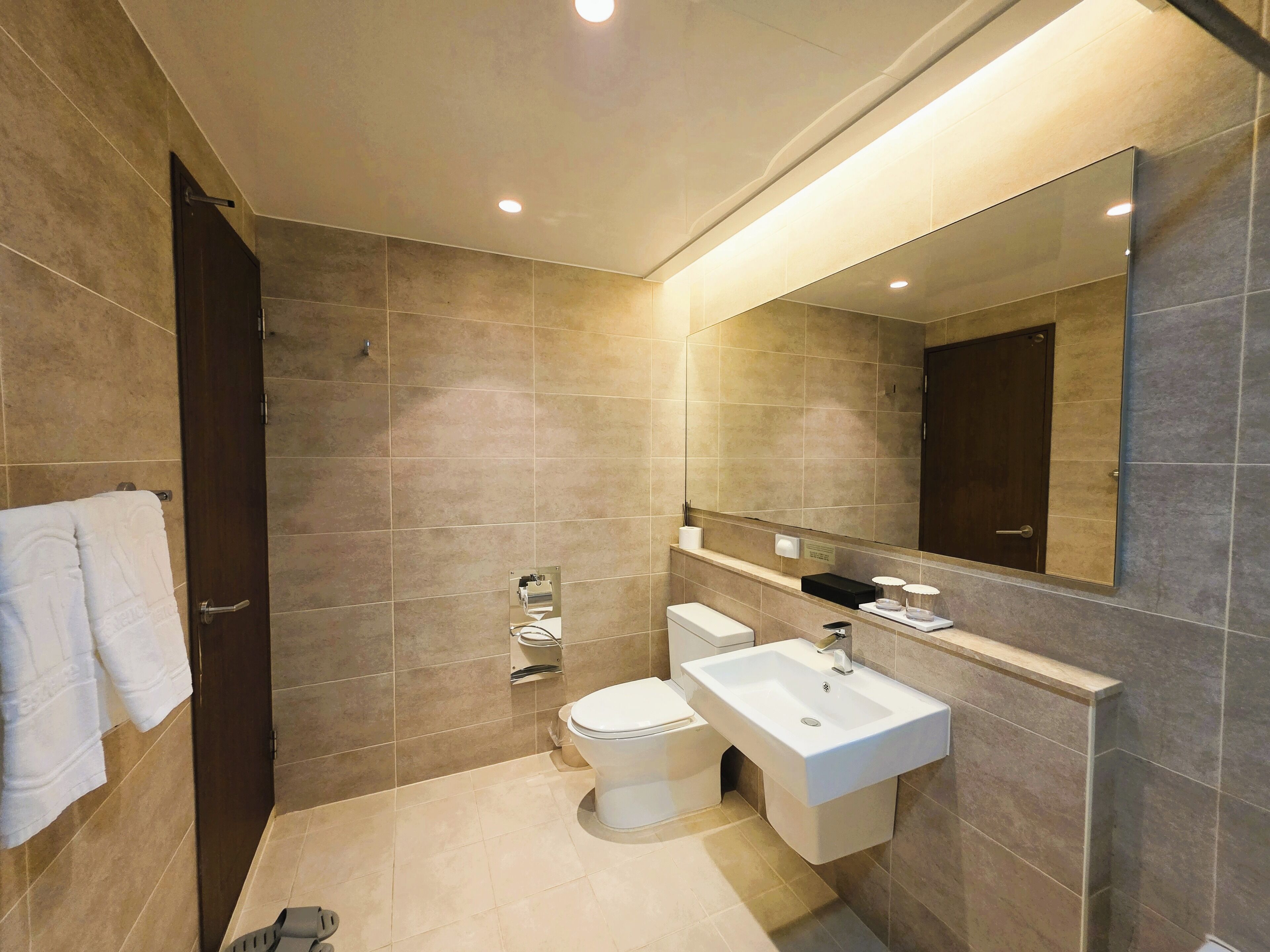 Une salle de bain moderne avec des toilettes, un lavabo et un miroir.