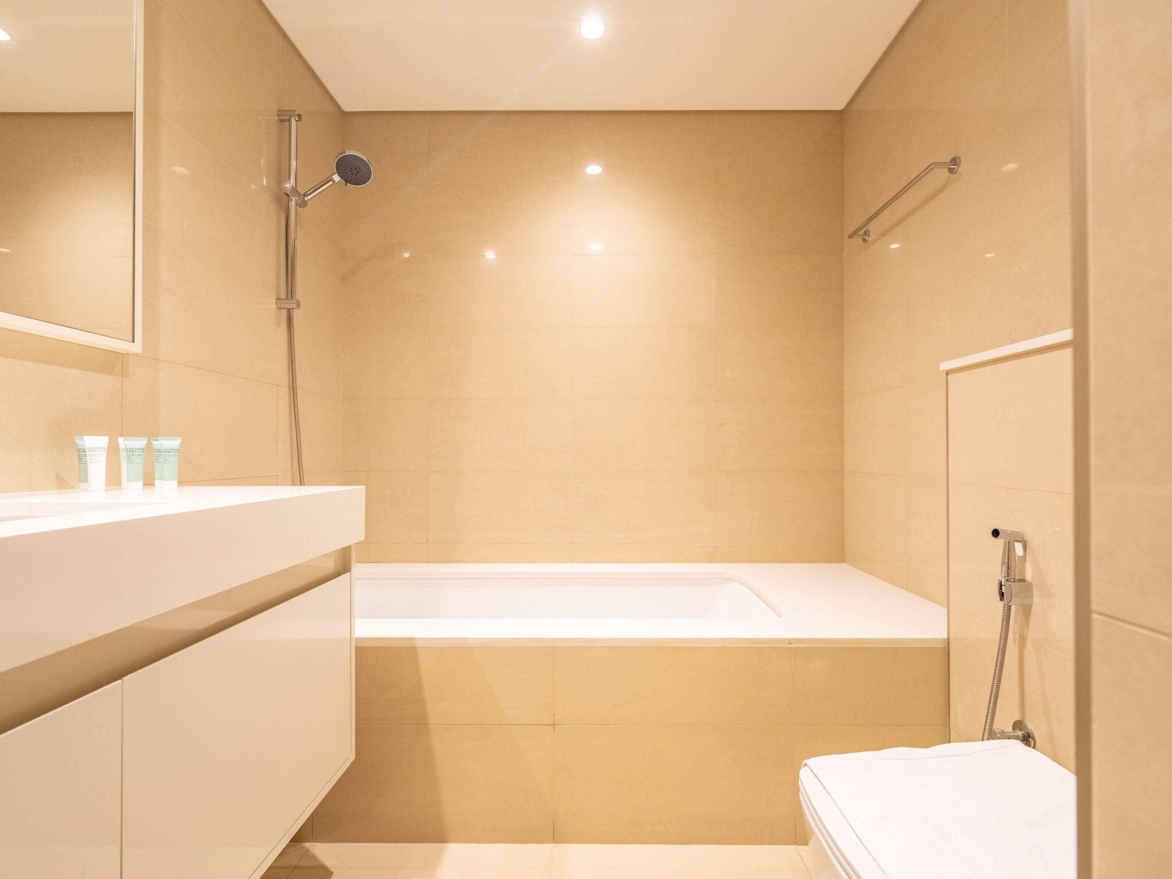 A modern bathroom with a bathtub, a shower, and a vanity with toiletries.