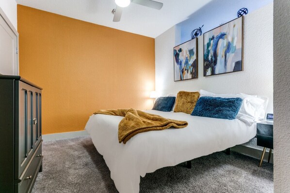 1 bedroom, desk, iron/ironing board, travel cot