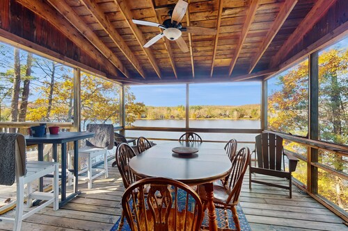Lakefront home near ski resorts with water view, dock, deck, fireplaces, & W/D