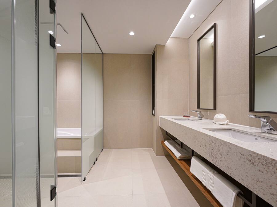 A modern bathroom with a glass shower enclosure, a double sink vanity, and a large mirror.