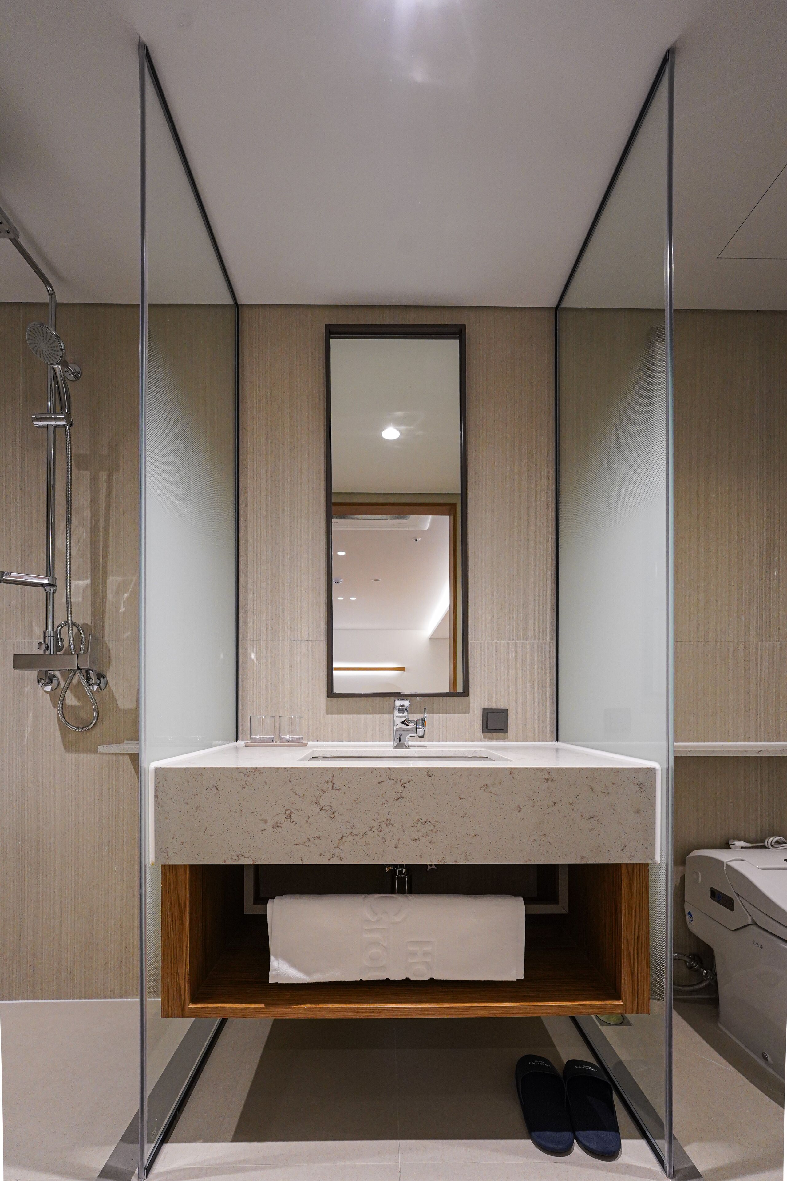 Une salle de bain moderne dotée d’une douche à parois de verre, d’un grand miroir, d’un lavabo sur plan et d’un porte-serviettes intégré.