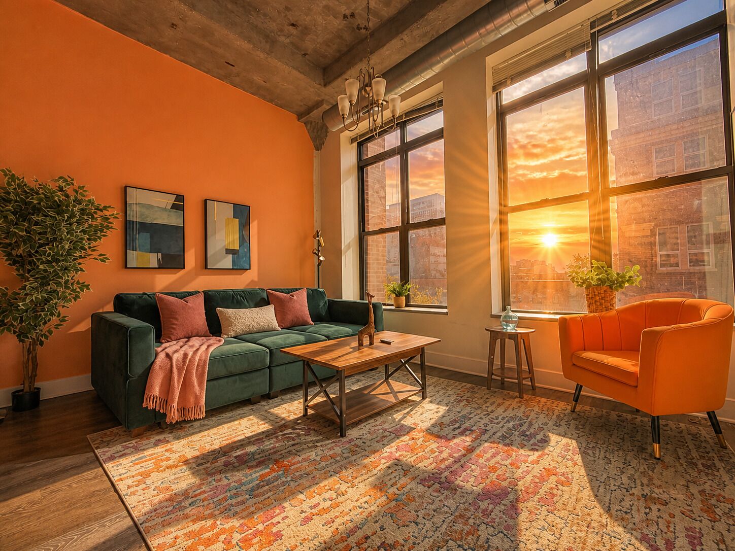 A living room with a green sofa, a wooden coffee table, and a vibrant rug.